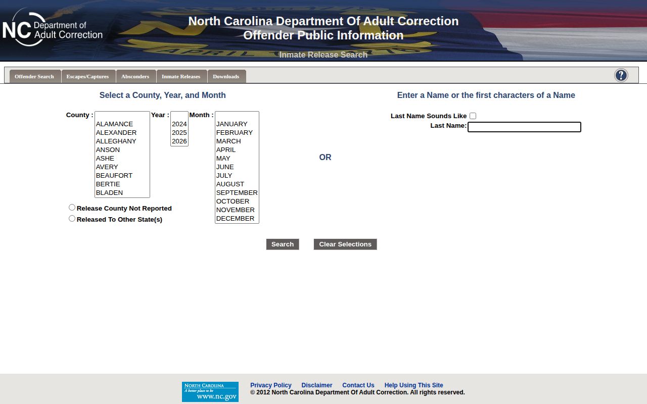 NCDAC monthly Alexander County inmate release search